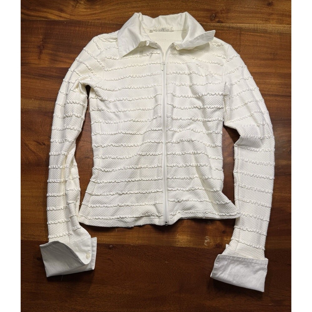VTG Rayure Paris LORI Ivory Ruffle Zip Jacket Fold Cuff Women's Size Medium